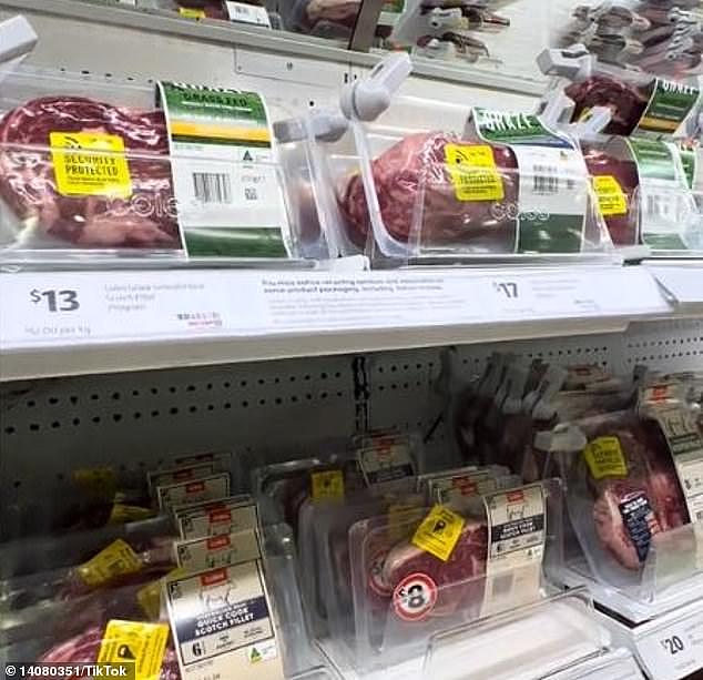 The clip, which has been viewed more than 150,000 times, showed dozens of meat trays stocked inside an open display fridge with the tags attached to the products (pictured)