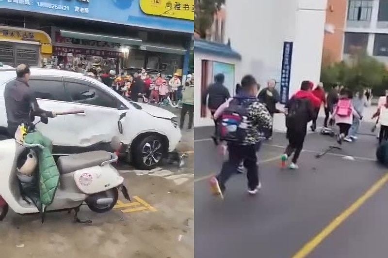 A man breaks a white car's window with a long object and children run away.