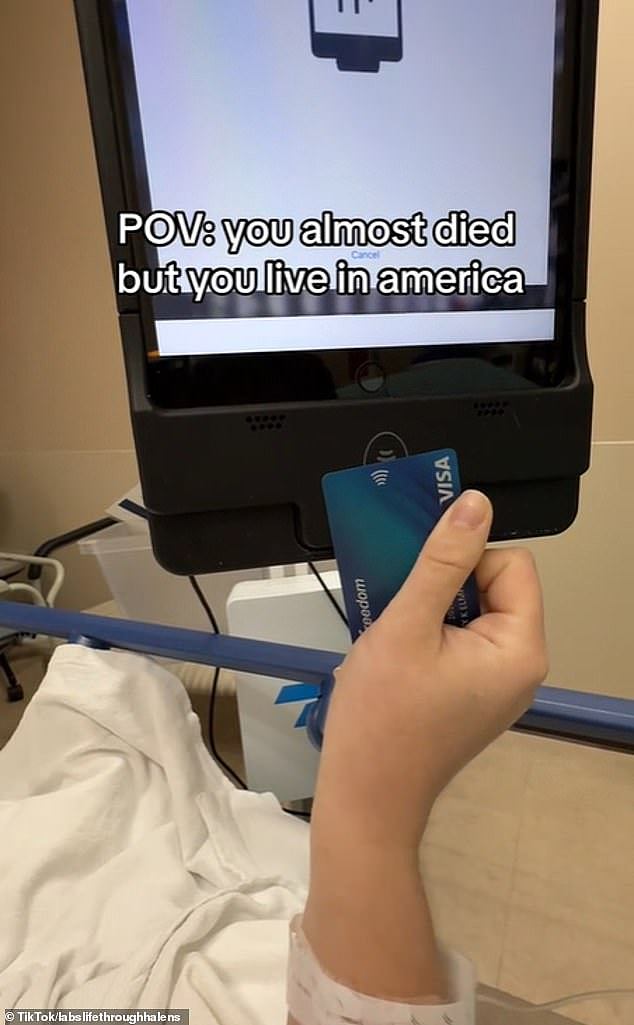 Bay shared a video of them taping their debit card on a portable credit card terminal on the side of their hospital bed