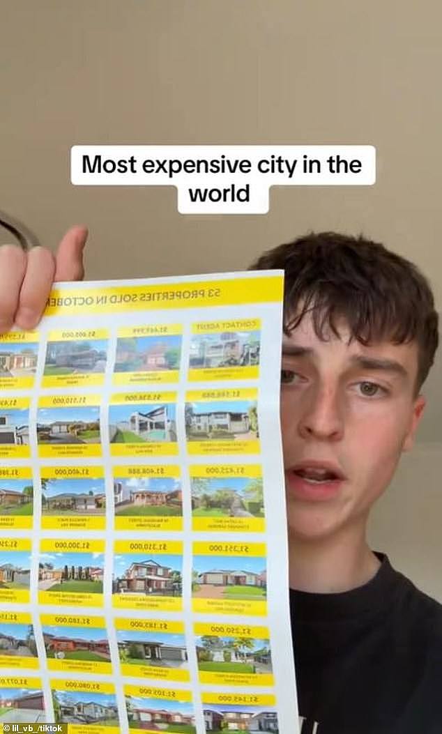 Matt, 19, received a newsletter of properties sold in October and was stunned at the staggering prices - all of which sold for more than $1million in suburbs about one hour west of Sydney