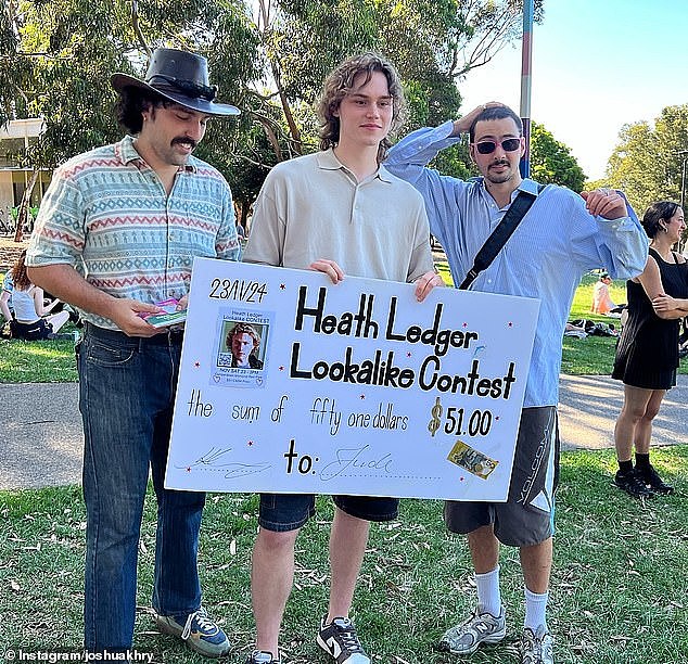 Celebrity lookalike competitions have been sweeping the globe and made an arrival in Australia over the weekend with a Heath Ledger contest. Pictured: Winner Jude Bailey (c) with organisers Luca Trovato and Joshua Khoury