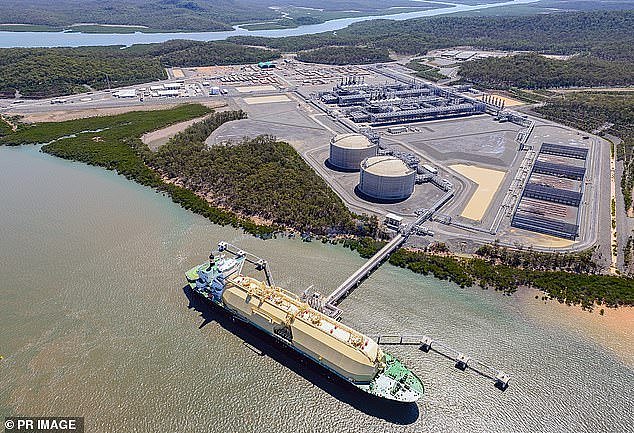 Around 80 per cent of the natural gas produced in Australia is liquefied for export to Asian countries (pictured Origin Energy's Australia Pacific liquefied natural gas facility at Curtis Island in north Queensland)