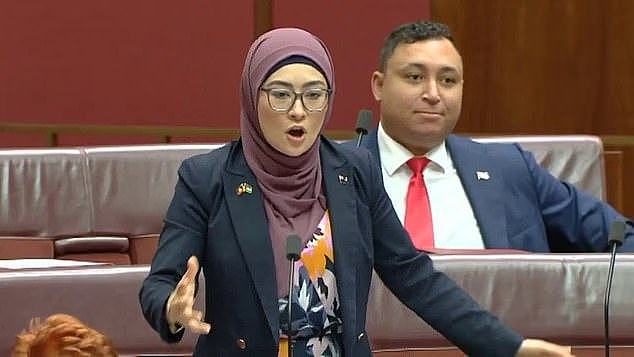 Fatima Payman (pictured), who left Labor to set up her own party, was speaking after Senator Hanson attempted to table a document raising Senator Payman's possible Afghan citizenship as a reason for her to be excluded from parliament on Wednesday morning