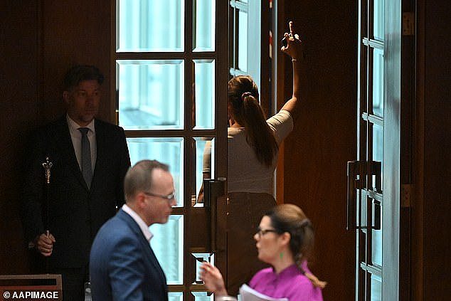 Senator Thorpe appeared to flip her middle finger as she stormed out of the chamber after throwing papers at One Nation leader Pauline Hanson in the Senate