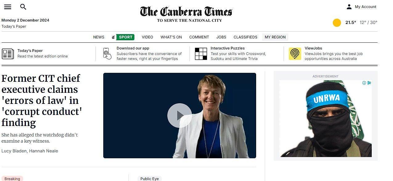 A news website with a picture of a woman in the centre. To the left is an ad with a masked man wearing an UNRWA bandanna