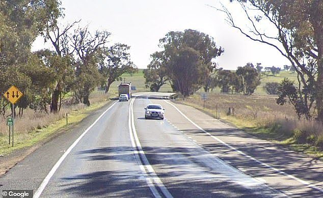 A man, 49, was killed on Burley Griffin Way at Galong (pictured) after an item fell from a caravan and penetrated his windshield