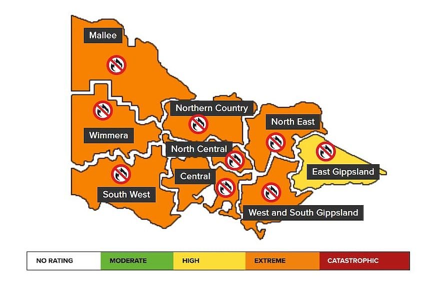 A map where every part of Victoria is coloured orange (meaning extreme) and East Gippsland is coloured yellow (meaning high).