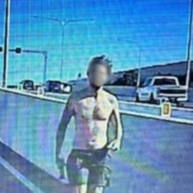 The driver (pictured) of the hatchback, who was wearing nothing but black shorts, got out of the car and walked up to Mr Turnbull's ute carrying what appeared to be a bong in one hand