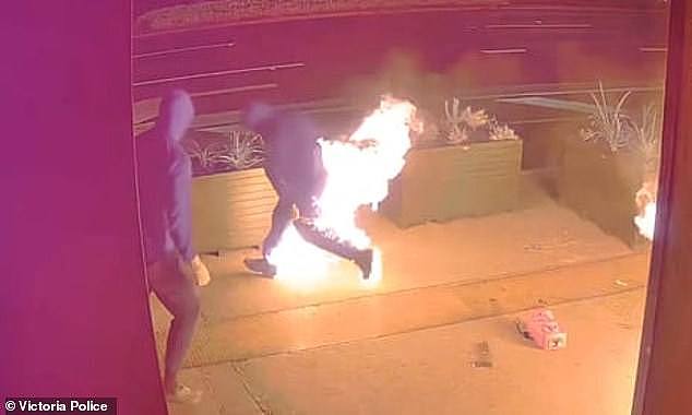 The two offenders (pictured) were allegedly trying to set a fast food restaurant on fire before one of the men set his pants on fire and was forced to run away