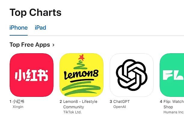 A screenshot of the Apple App Store chart, which shows REDnote and Lemon8 in #1 and #2 respectively