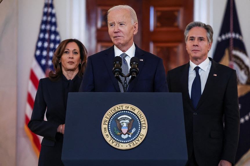 Joe Biden, Antony Blinken and Kamala Harris delivering a speech at the White House.