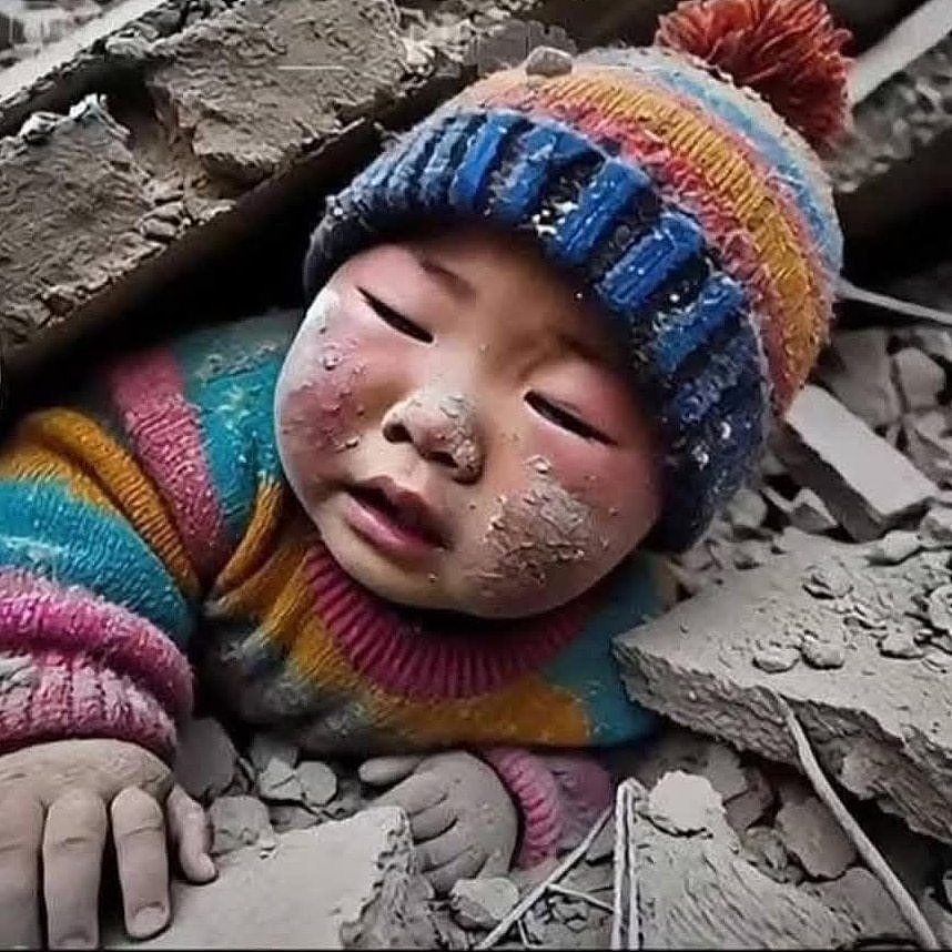 An AI image shows a baby in a beanie with six figners on its left hand and dust on its cheek while stuck under rubble.