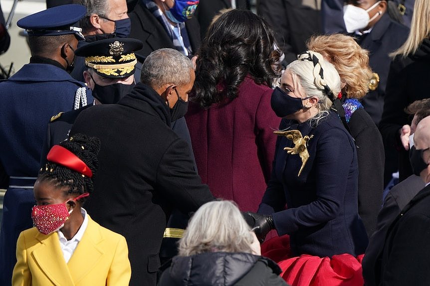 Amanda Gorman, Barack Obama and Lady Gaga wearing face masks