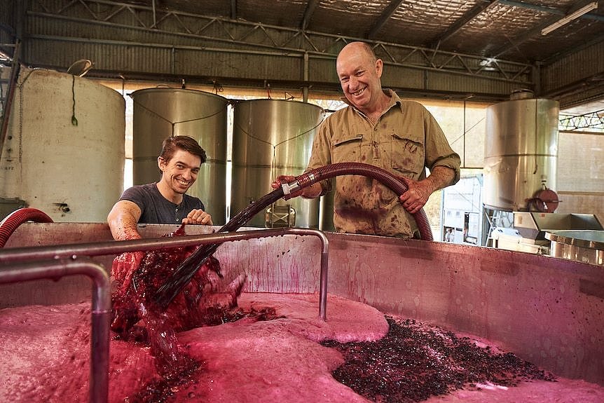 Two smiling men stand over a wine vat.