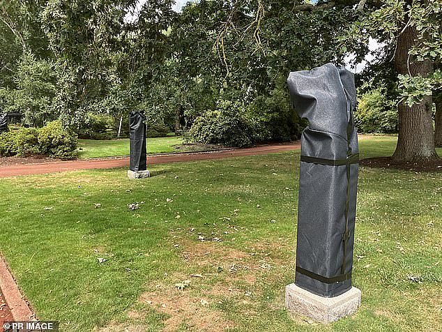 The heads of two statues, one of which reportedly includes the sculpture of former Labor prime minister Paul Keating were removed and stolen (pictured the sculptures vandalised)