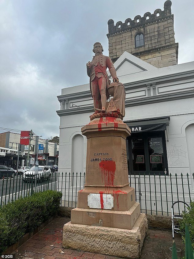 A Captain Cook statue in Sydney has been covered in red paint and damaged (pictured) as tensions rise ahead of Australia Day on Sunday