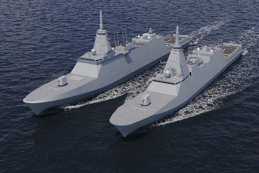 A graphic showing two warships next to each other. One is smaller. 