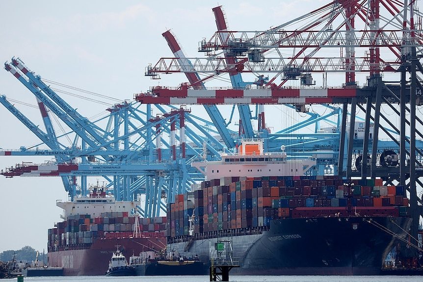 Docked cargo ships loaded with containers 