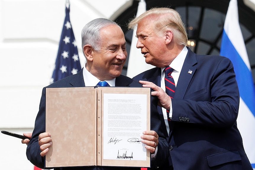 Prime Minister Benjamin Netanyahu and President Donald Trump standing side by side on the steps of the White House.