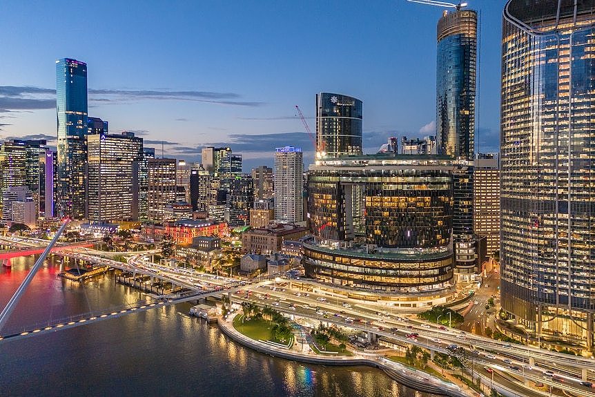 Aerial shot of the riverside Queens Wharf development