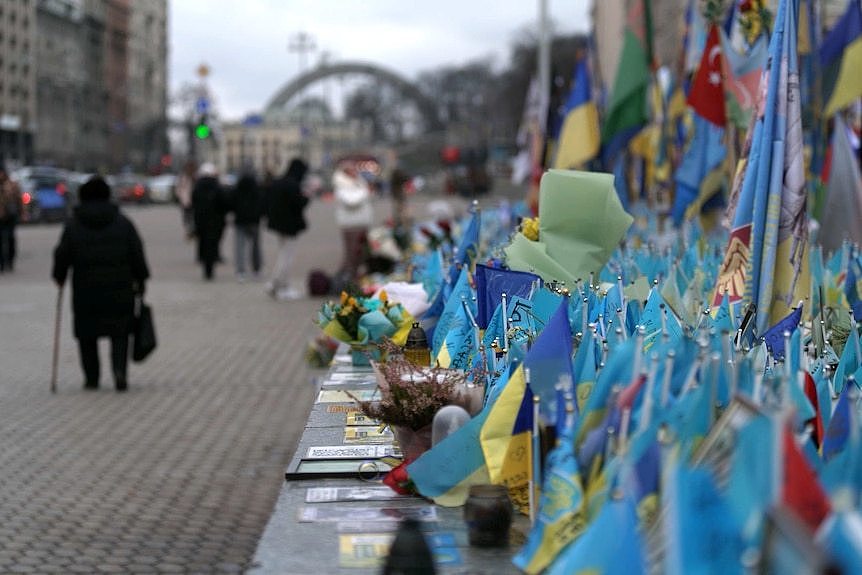 Dozens of Ukrainian flags at a memorial next to a pedestrian footpath. A person with a cane walks by.