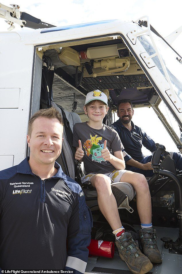 After making a full recovery, Yarren returned to the Sunshine Coast to thank the LifeFlight aeromedical team who likely saved his life (pictured)