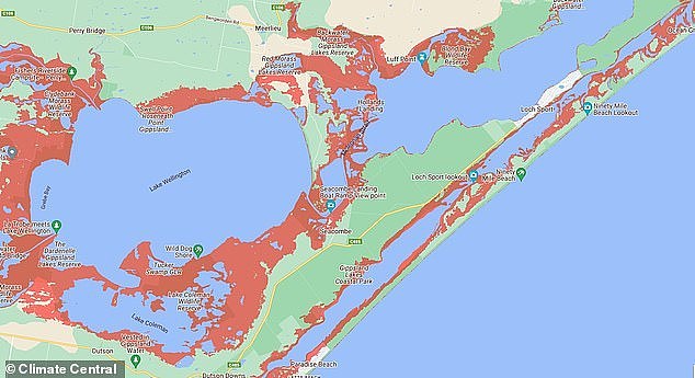 If global warming remains at 1.5°C above pre-industrial levels, sea levels are projected to rise by 2¿3 meters over the next 2,000 years. The image shows Loch Sport under this scenario, with red areas indicating areas expected to be submerged