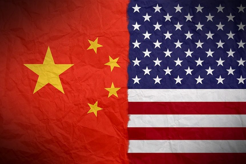 Graphic of Chinese and American flags side by side.