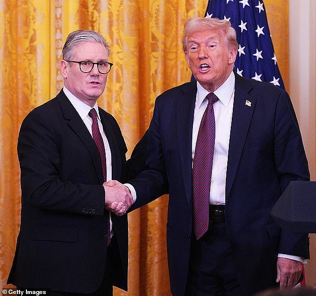 US President Donald Trump was initially confused when he was asked if AUKUS, a $368billion military pact with Australia and the UK, would be on the agenda for his meeting with UK Prime Minister Keir Starmer (the pair are pictured at the White House on Thursday)