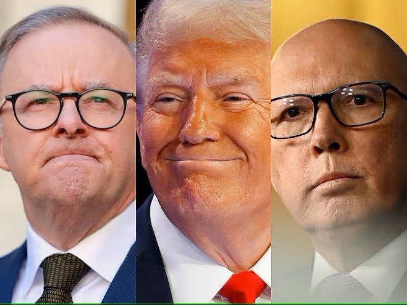 Three images in a composite including a man in glasses, an man with orange makeup and another man in glasses