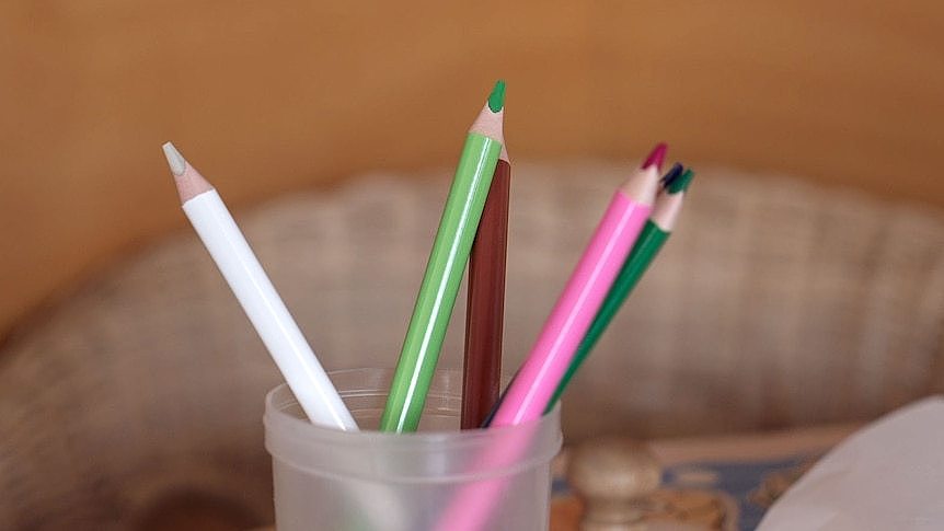 Colouring pencils in a plastic container.