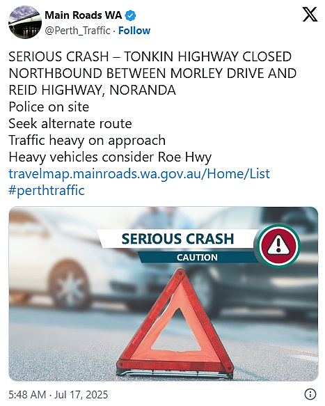 绕行!珀斯Tonkin Highway因车祸关闭(图) - 1