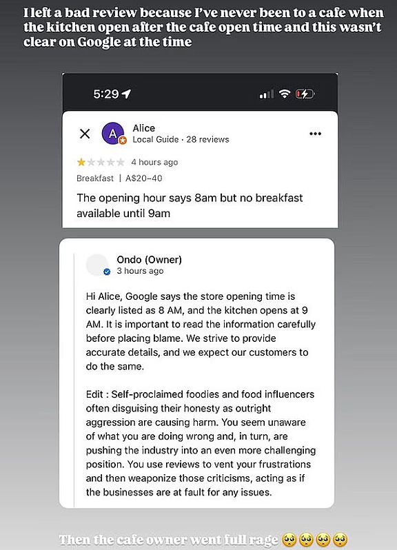网红给差评,遭澳CBD餐厅拉黑!华人老板:她想免单,我们不答应(组图) - 3