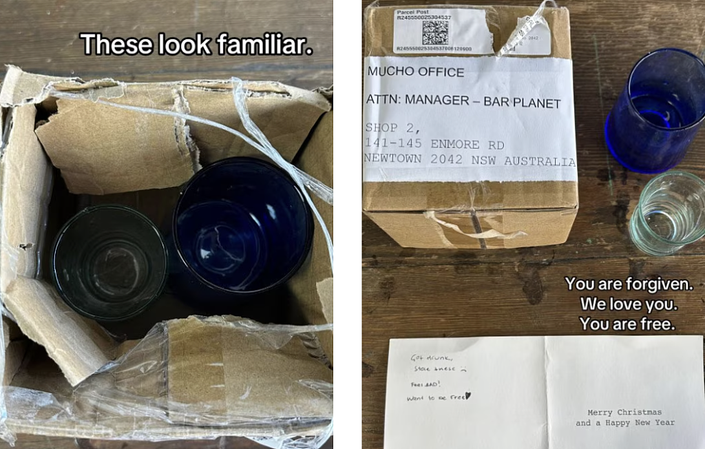 悉尼酒吧收到神秘忏悔包裹！愧疚顾客归还被盗酒杯附手写卡片：