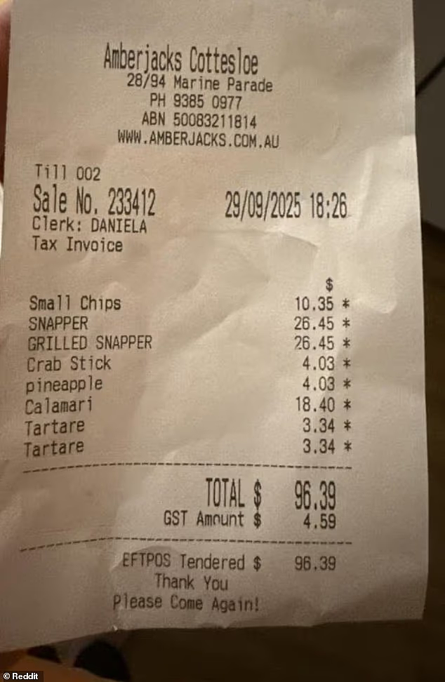 炸鱼薯条卖出“天价”？！珀斯男子Cottesloe吃饭被惊呆，晒出账单引热议（组图） - 2