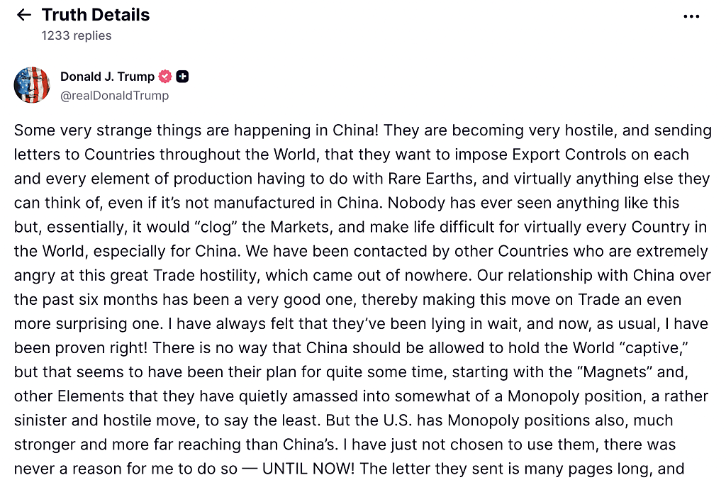 贝森特:中美紧张局势已大幅缓和,特朗普将在韩国会习近平!此前中国加强稀土管制引发美国对华加征100%关税(组图) - 16