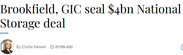亿澳元重磅交易！Brookfield 与 GIC 联手收购 National Storage，西澳存储市场迎新变局（图） - 1