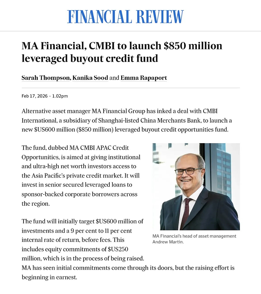 MA美驰澳大利亚与招银国际联合推出亚太信贷基金 - 3