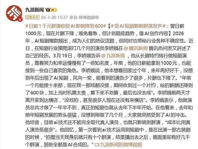 AI短剧冲击横店影视圈，演员日薪腰斩至600元面临失业危机 - 1