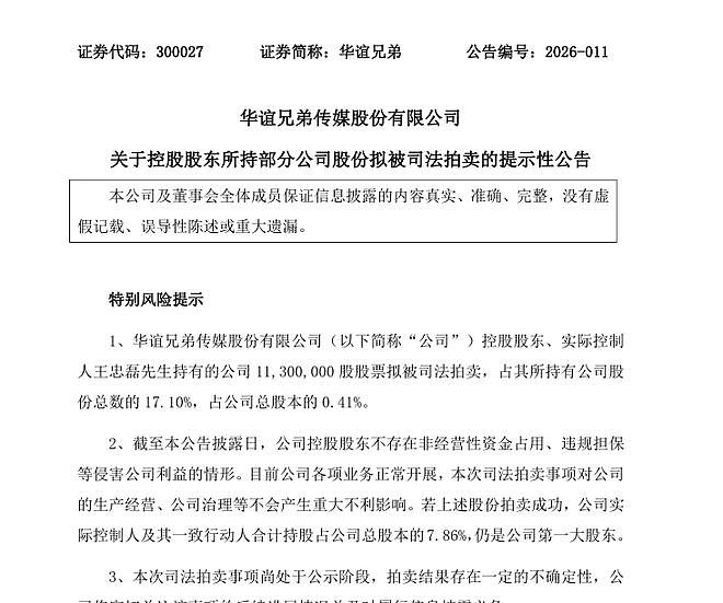 华谊兄弟实控人王忠磊1130万股股票将被拍卖,兄弟两人持有股份已全部被冻结(组图) - 1