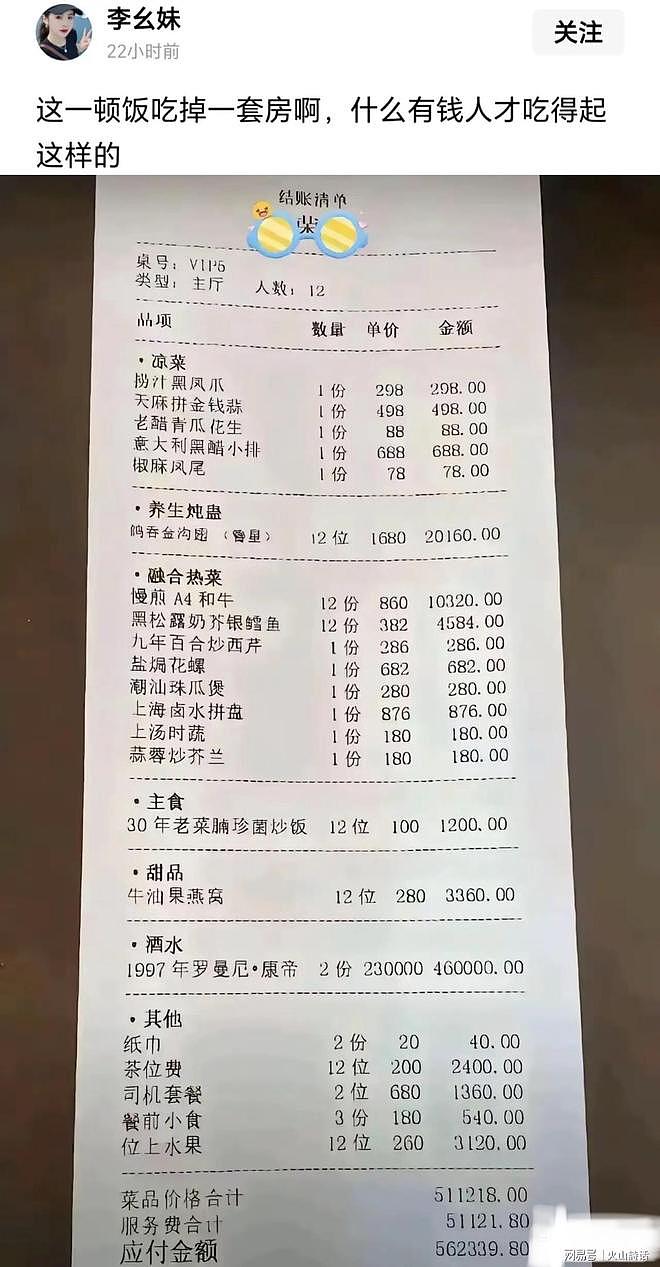 一餐吃掉562339.80元！上海消费清单刷爆网络（组图） - 2