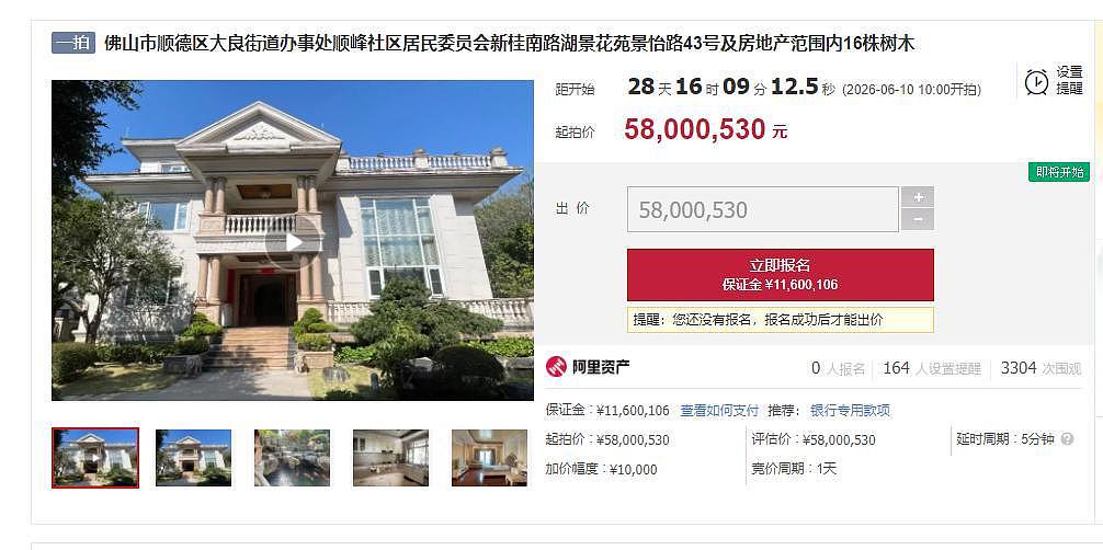 佛山一套法拍别墅带800平米花园，5800万元起拍，园内16棵树木估价76万元 - 1