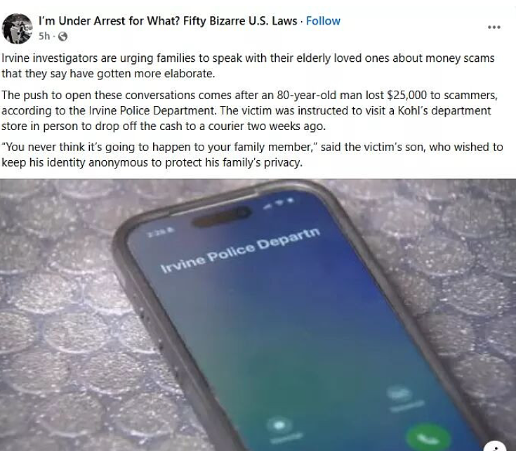 80岁老人被骗走$2.5万,FBI逮捕一名华人快递员(图) - 1