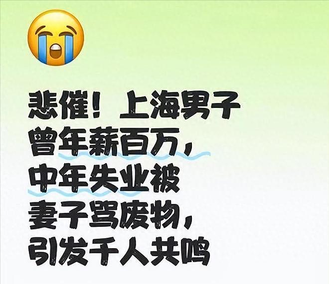气愤！上海男子曾年薪百万，中年失业被妻子骂废物，引发网友共鸣（组图） - 1