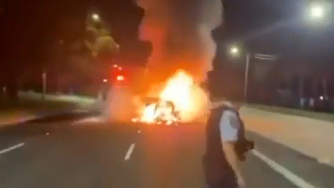 悉尼街头惊魂一刻!小车猛撞电线杆断成两截爆炸起火,司机奇迹生还(组图) - 1