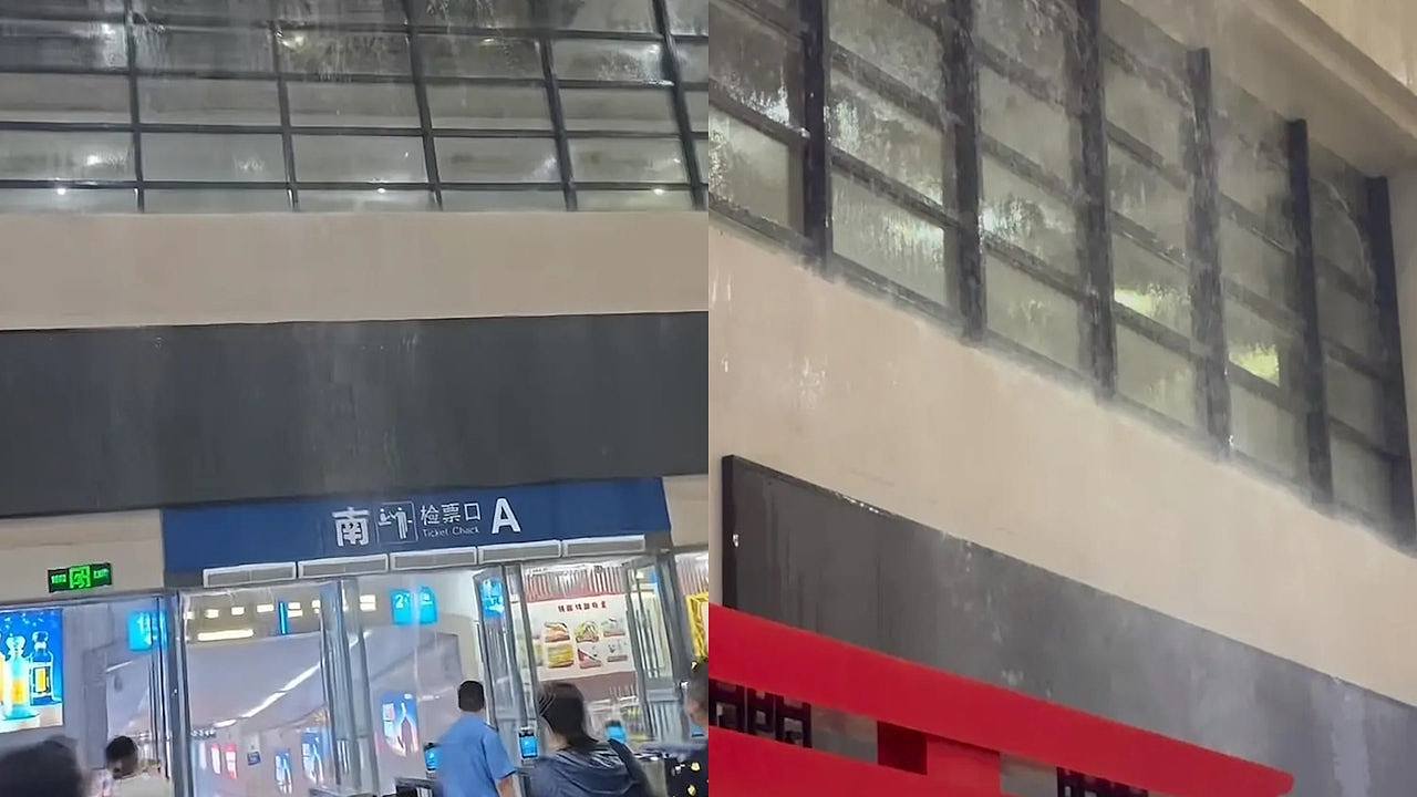 湖北荆州遇暴雨高铁站变水帘洞,山东泰山景区暂停开放(组图) - 1