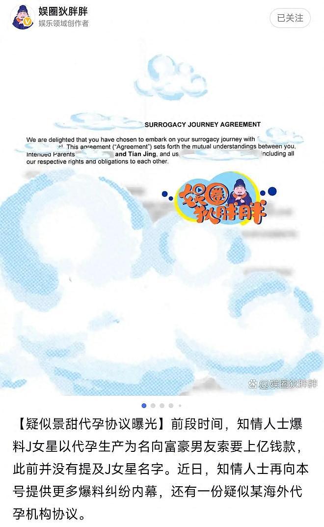 疑似景甜代孕协议曝光，知情人晒出英文合同，签名与景甜高度相似 - 1