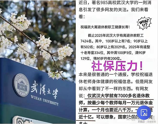 网传武汉大学7000多退休职工,月均领10000,每年需9亿社保供应…(组图) - 3