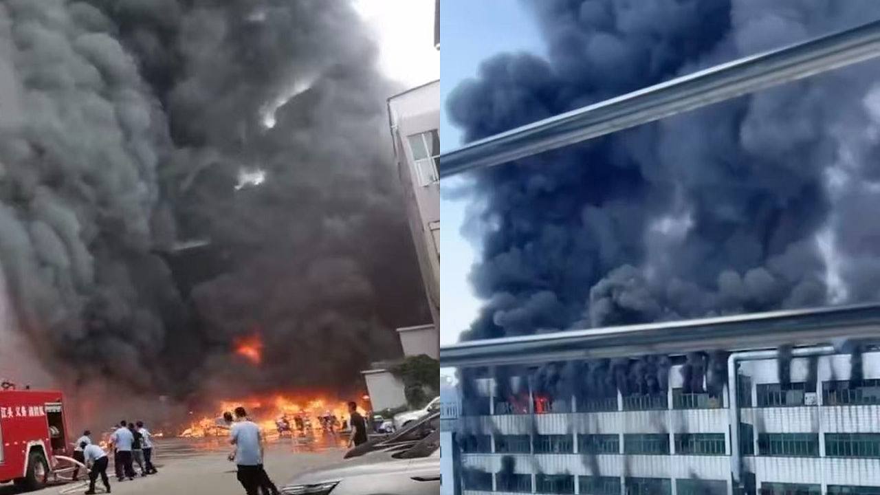 福建晋江鞋厂火灾黑烟漫天,火势蔓延顶楼整层有人被困天台 - 1