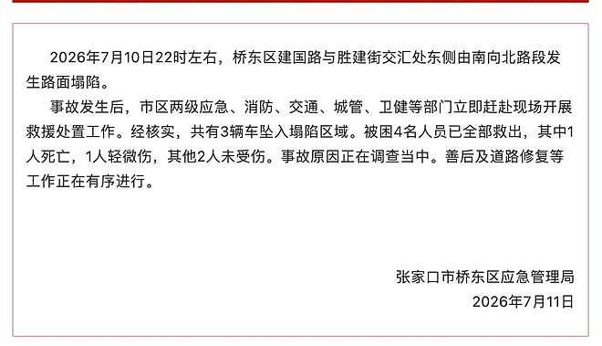 张家口一路面深夜塌陷致3车坠落，当地通报：1死1轻微伤 - 2